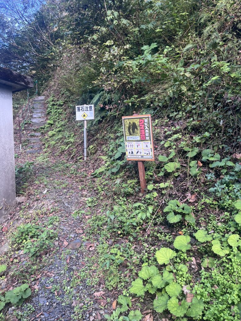 クマ注意の看板と落石注意の看板