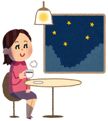 夜カフェを楽しむ女性のイラスト