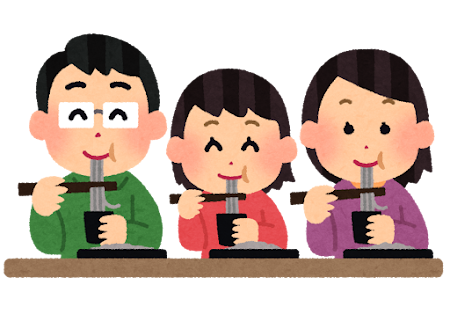 ざるそばを食べている家族のイラスト