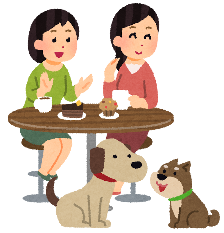 犬とカフェを楽しむ女性たちのイラスト