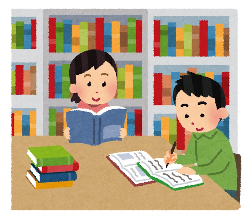 図書館で勉強をしたり本を読んだりしている人達のイラスト